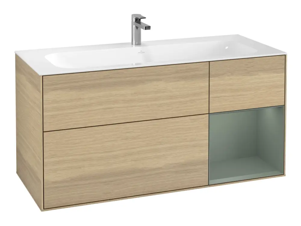 Villeroy & Boch Finion Waschbeckenunterschrank für Becken mittig Regal rechts für Finion 3 Auszüge mit Beleuchtung (1x LED) 1196 x 591 x 498 mm - Oak Veneer / Olive Matt Lacquer Top-Preis