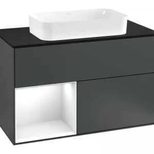 Aktuell Villeroy & Boch Finion Waschbeckenunterschrank für Becken mittig Regal links für Finion 2 Auszüge mit Beleuchtung (1x LED) mit Hahnloch 1000 x 603 x 501 mm - Midnight Blue Matt Lacquer / Glossy White Lacquer / Glass Black Matt