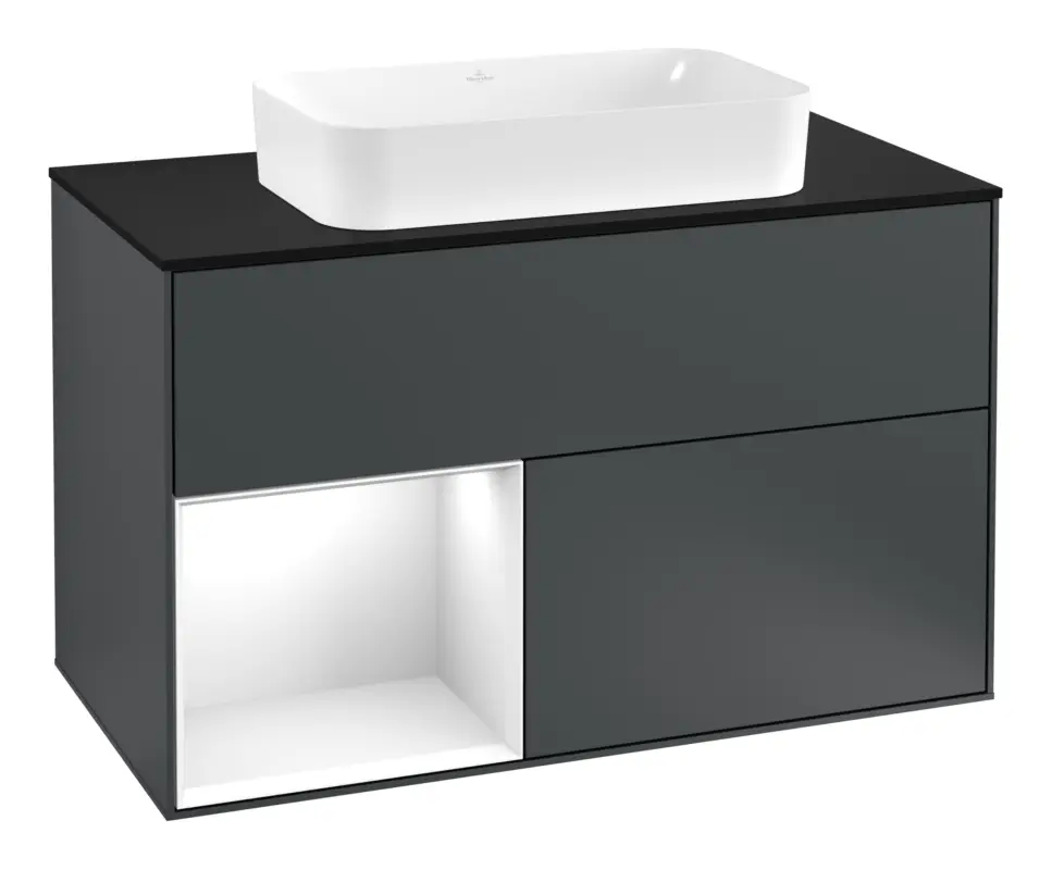 Aktuell Villeroy & Boch Finion Waschbeckenunterschrank für Becken mittig Regal links für Finion 2 Auszüge mit Beleuchtung (1x LED) mit Hahnloch 1000 x 603 x 501 mm - Midnight Blue Matt Lacquer / Glossy White Lacquer / Glass Black Matt