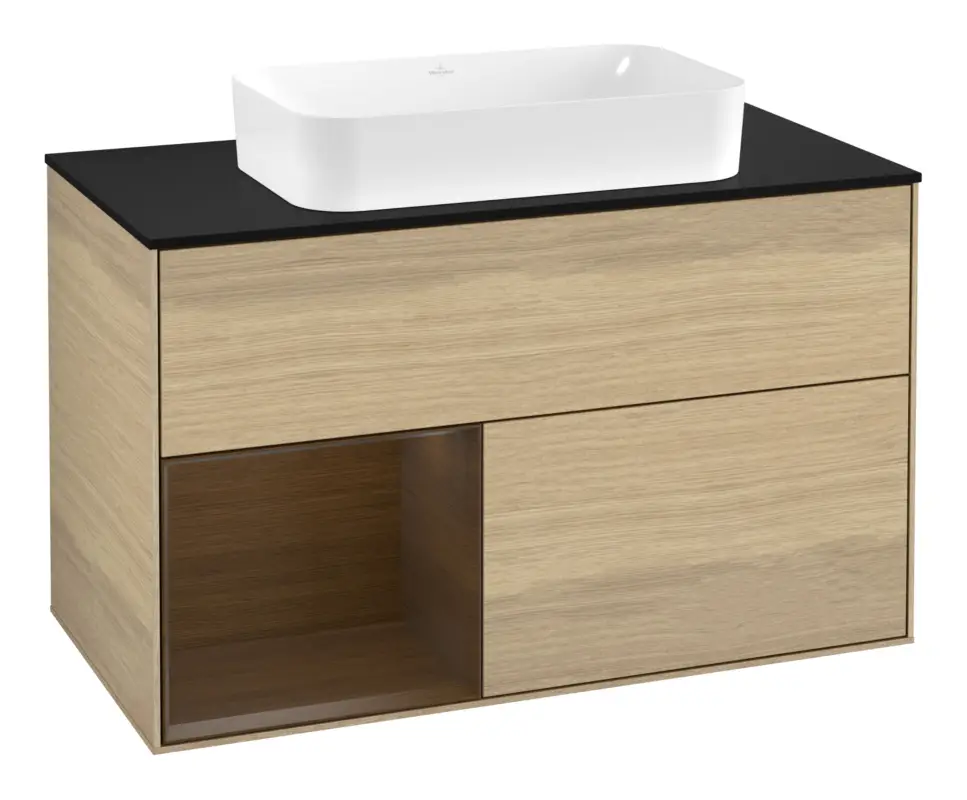 Villeroy & Boch Finion Waschbeckenunterschrank für Becken mittig Regal links für Finion 2 Auszüge mit Beleuchtung (1x LED) mit Hahnloch 1000 x 603 x 501 mm - Oak Veneer / Walnut Veneer / Glass Black Matt Jetzt Bestellen