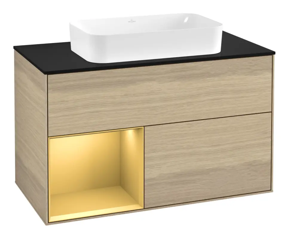 Villeroy & Boch Finion Waschbeckenunterschrank für Becken mittig Regal links für Finion 2 Auszüge mit Beleuchtung (1x LED) mit Hahnloch 1000 x 603 x 501 mm - Oak Veneer / Gold Matt Lacquer / Glass Black Matt Letzte Chance