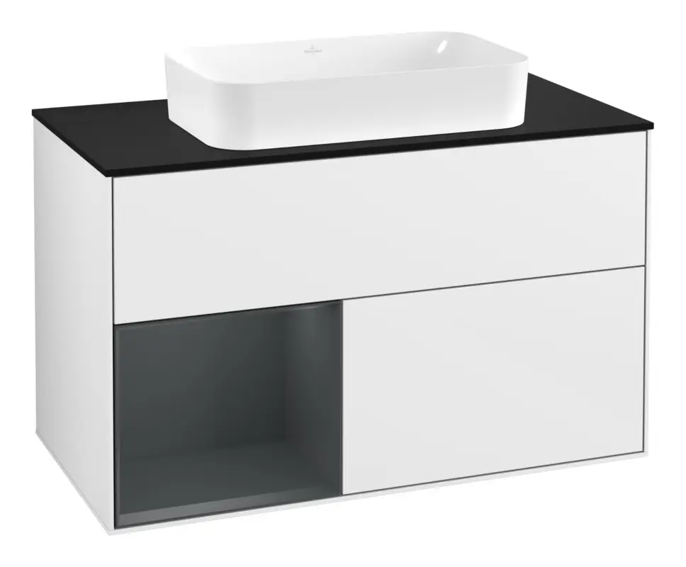 Villeroy & Boch Finion Waschbeckenunterschrank für Becken mittig Regal links für Finion 2 Auszüge mit Beleuchtung (1x LED) mit Hahnloch 1000 x 603 x 501 mm - Glossy White Lacquer / Midnight Blue Matt Lacquer / Glass Black Matt Letzte Chance