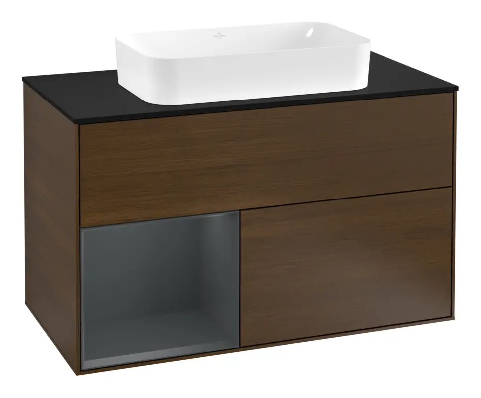 Villeroy & Boch Finion Waschbeckenunterschrank für Becken mittig Regal links für Finion 2 Auszüge mit Beleuchtung (1x LED) mit Hahnloch 1000 x 603 x 501 mm - Walnut Veneer / Midnight Blue Matt Lacquer / Glass Black Matt Solange Der Vorrat Reicht