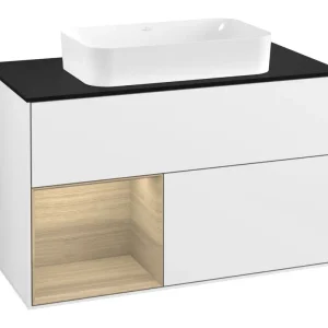 Angebot Villeroy & Boch Finion Waschbeckenunterschrank für Becken mittig Regal links für Finion 2 Auszüge mit Beleuchtung (1x LED) mit Hahnloch 1000 x 603 x 501 mm - Glossy White Lacquer / Oak Veneer / Glass Black Matt