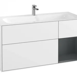 Aktuell Villeroy & Boch Finion Waschbeckenunterschrank für Becken mittig Regal rechts für Finion 3 Auszüge mit Beleuchtung (1x LED) 1196 x 591 x 498 mm - Glossy White Lacquer / Midnight Blue Matt Lacquer