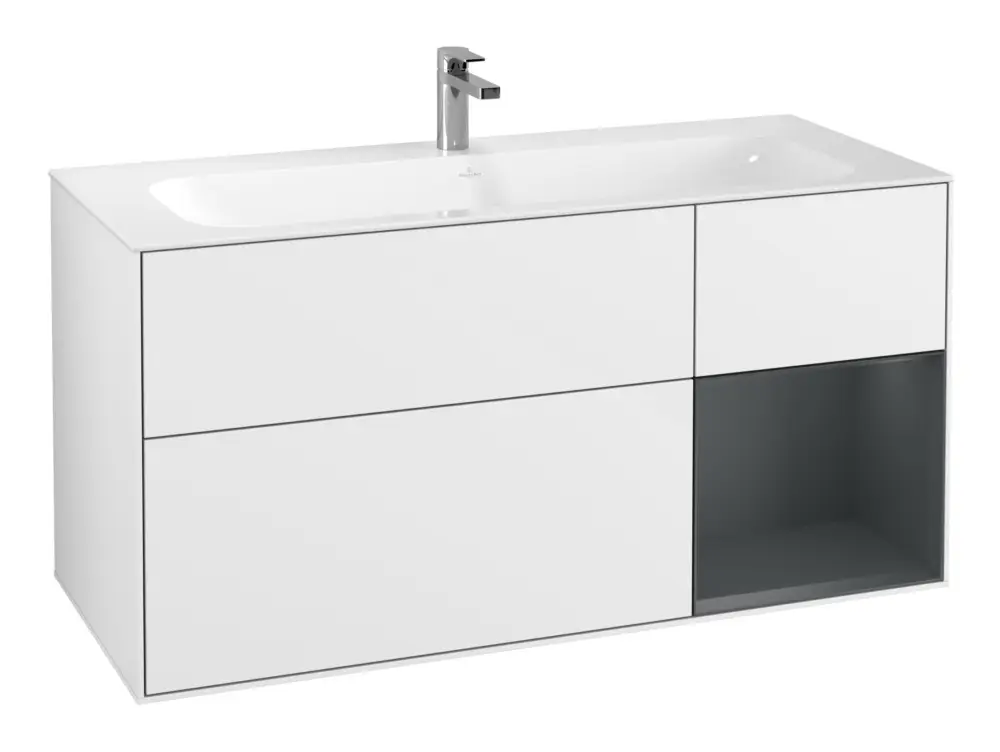 Aktuell Villeroy & Boch Finion Waschbeckenunterschrank für Becken mittig Regal rechts für Finion 3 Auszüge mit Beleuchtung (1x LED) 1196 x 591 x 498 mm - Glossy White Lacquer / Midnight Blue Matt Lacquer