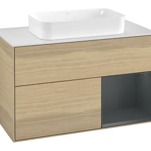 Zertifiziert Villeroy & Boch Finion Waschbeckenunterschrank für Becken mittig Regal rechts für Finion 2 Auszüge mit Beleuchtung (1x LED) mit Hahnloch 1000 x 603 x 501 mm - Oak Veneer / Midnight Blue Matt Lacquer / Glass White Matt