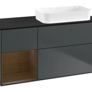 Angebot Villeroy & Boch Finion Waschbeckenunterschrank für Becken rechts Regal links für Finion 3 Auszüge mit Beleuchtung (1x LED) ohne Hahnloch 1200 x 603 x 501 mm - Midnight Blue Matt Lacquer / Walnut Veneer / Glass Black Matt
