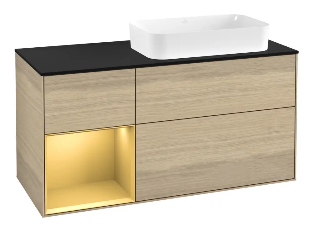 Rabatt Villeroy & Boch Finion Waschbeckenunterschrank für Becken rechts Regal links für Finion 3 Auszüge mit Beleuchtung (1x LED) ohne Hahnloch 1200 x 603 x 501 mm - Oak Veneer / Gold Matt Lacquer / Glass Black Matt