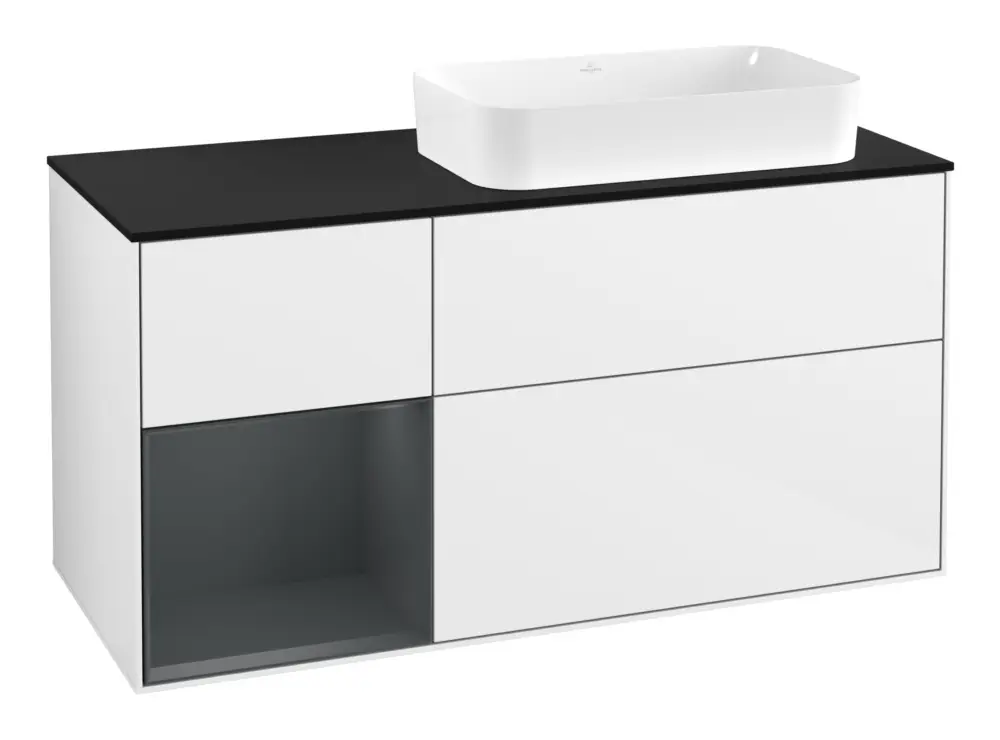 Jetzt Bestellen Villeroy & Boch Finion Waschbeckenunterschrank für Becken rechts Regal links für Finion 3 Auszüge mit Beleuchtung (1x LED) ohne Hahnloch 1200 x 603 x 501 mm - Glossy White Lacquer / Midnight Blue Matt Lacquer / Glass Black Matt
