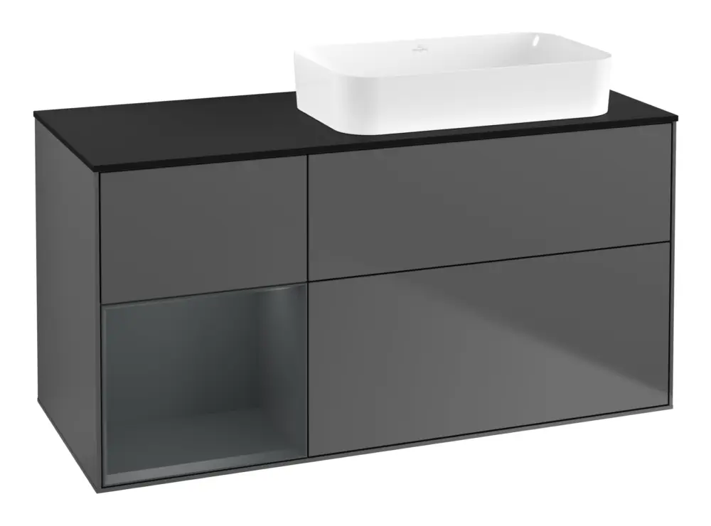Neuheit Villeroy & Boch Finion Waschbeckenunterschrank für Becken rechts Regal links für Finion 3 Auszüge mit Beleuchtung (1x LED) ohne Hahnloch 1200 x 603 x 501 mm - Anthracite Matt Lacquer / Midnight Blue Matt Lacquer / Glass Black Matt