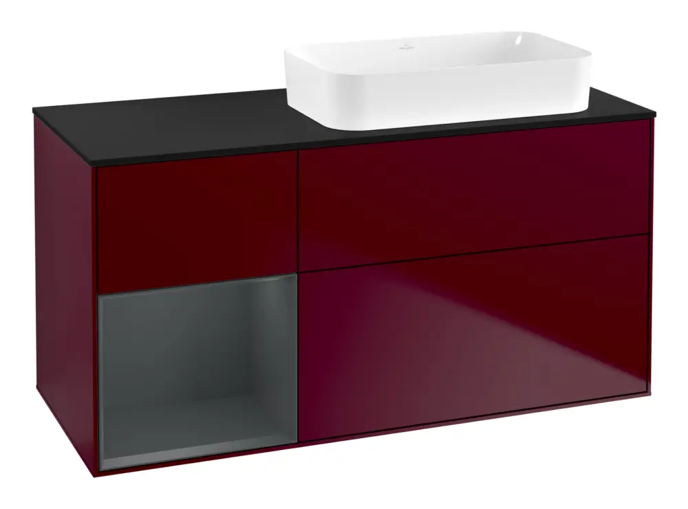 Online Kaufen Villeroy & Boch Finion Waschbeckenunterschrank für Becken rechts Regal links für Finion 3 Auszüge mit Beleuchtung (1x LED) ohne Hahnloch 1200 x 603 x 501 mm - Peony Matt Lacquer / Midnight Blue Matt Lacquer / Glass Black Matt