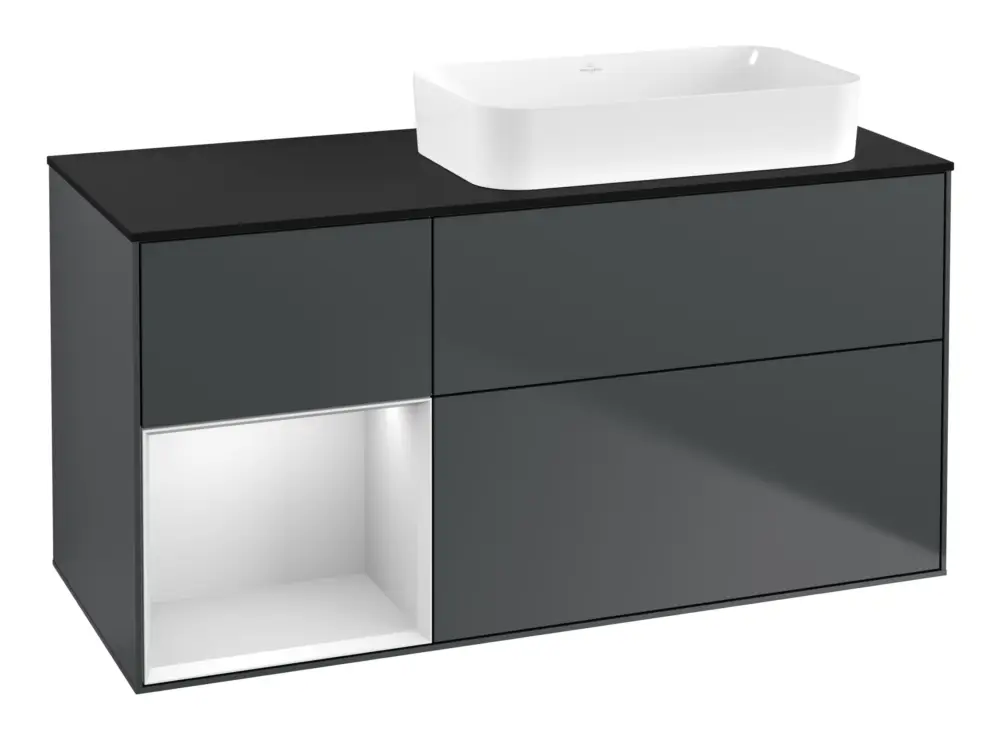 Bestpreis Villeroy & Boch Finion Waschbeckenunterschrank für Becken rechts Regal links für Finion 3 Auszüge mit Beleuchtung (1x LED) ohne Hahnloch 1200 x 603 x 501 mm - Midnight Blue Matt Lacquer / White Matt Lacquer / Glass Black Matt