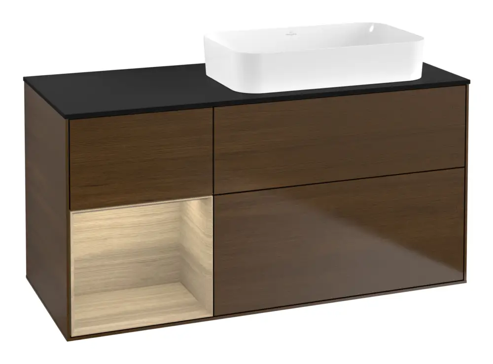 Villeroy & Boch Finion Waschbeckenunterschrank für Becken rechts Regal links für Finion 3 Auszüge mit Beleuchtung (1x LED) ohne Hahnloch 1200 x 603 x 501 mm - Walnut Veneer / Oak Veneer / Glass Black Matt Neu Im Sortiment