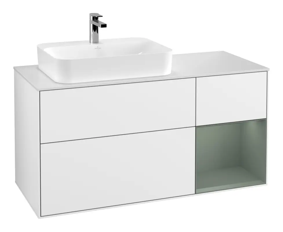 Direkt Vom Hersteller Villeroy & Boch Finion Waschbeckenunterschrank für Becken links Regal rechts für Finion / Memento 2.0 Aufsatzwaschbecken 3 Auszüge mit Beleuchtung (1x LED) 1200 x 603 x 501 mm - Glossy White Lacquer / Olive Matt Lacquer / Glass White Matt