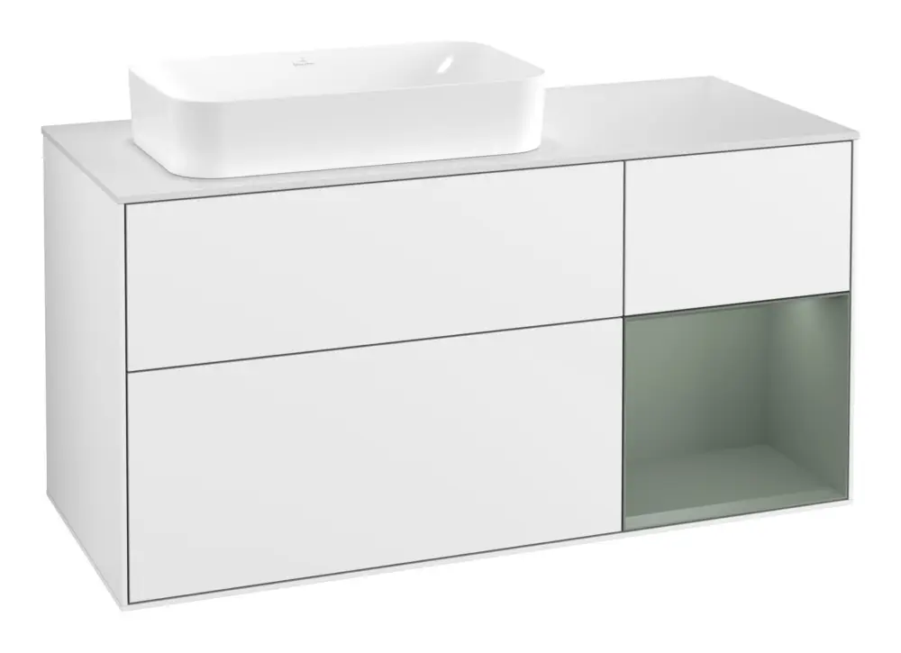 Direkt Vom Hersteller Villeroy & Boch Finion Waschbeckenunterschrank für Becken links Regal rechts für Finion 3 Auszüge mit Beleuchtung (1x LED) ohne Hahnloch 1200 x 603 x 501 mm - Glossy White Lacquer / Olive Matt Lacquer / Glass White Matt