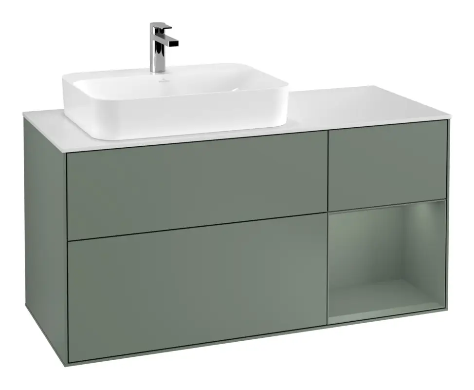 Sofort Bestellen Villeroy & Boch Finion Waschbeckenunterschrank für Becken links Regal rechts für Finion / Memento 2.0 Aufsatzwaschbecken 3 Auszüge mit Beleuchtung (1x LED) 1200 x 603 x 501 mm - Olive Matt Lacquer / Glass White Matt