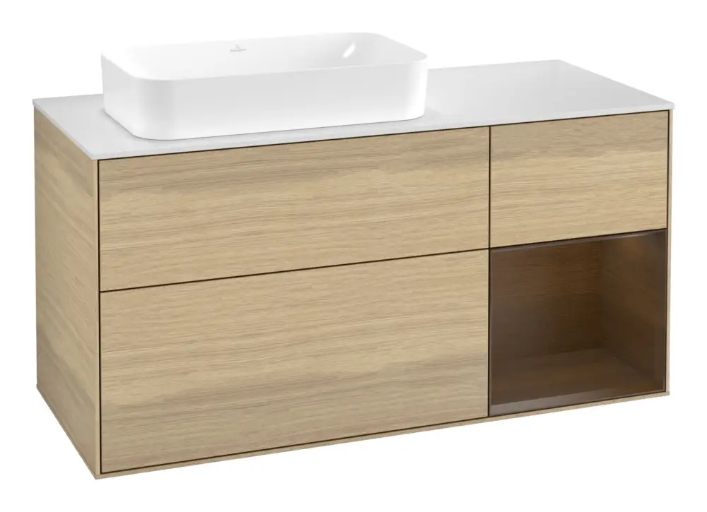 Sonderaktion Villeroy & Boch Finion Waschbeckenunterschrank für Becken links Regal rechts für Finion 3 Auszüge mit Beleuchtung (1x LED) ohne Hahnloch 1200 x 603 x 501 mm - Oak Veneer / Walnut Veneer / Glass White Matt