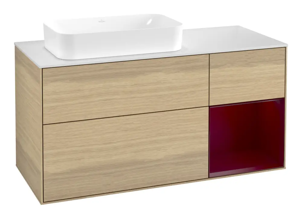 Villeroy & Boch Finion Waschbeckenunterschrank für Becken links Regal rechts für Finion 3 Auszüge mit Beleuchtung (1x LED) ohne Hahnloch 1200 x 603 x 501 mm - Oak Veneer / Peony Matt Lacquer / Glass White Matt Bestpreis