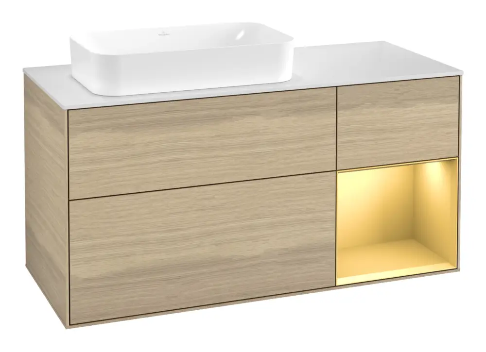 Zertifiziert Villeroy & Boch Finion Waschbeckenunterschrank für Becken links Regal rechts für Finion 3 Auszüge mit Beleuchtung (1x LED) ohne Hahnloch 1200 x 603 x 501 mm - Oak Veneer / Gold Matt Lacquer / Glass White Matt