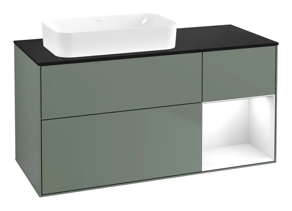 Villeroy & Boch Finion Waschbeckenunterschrank für Becken links Regal rechts für Finion 3 Auszüge mit Beleuchtung (1x LED) ohne Hahnloch 1200 x 603 x 501 mm - Olive Matt Lacquer / Glossy White Lacquer / Glass Black Matt Günstig
