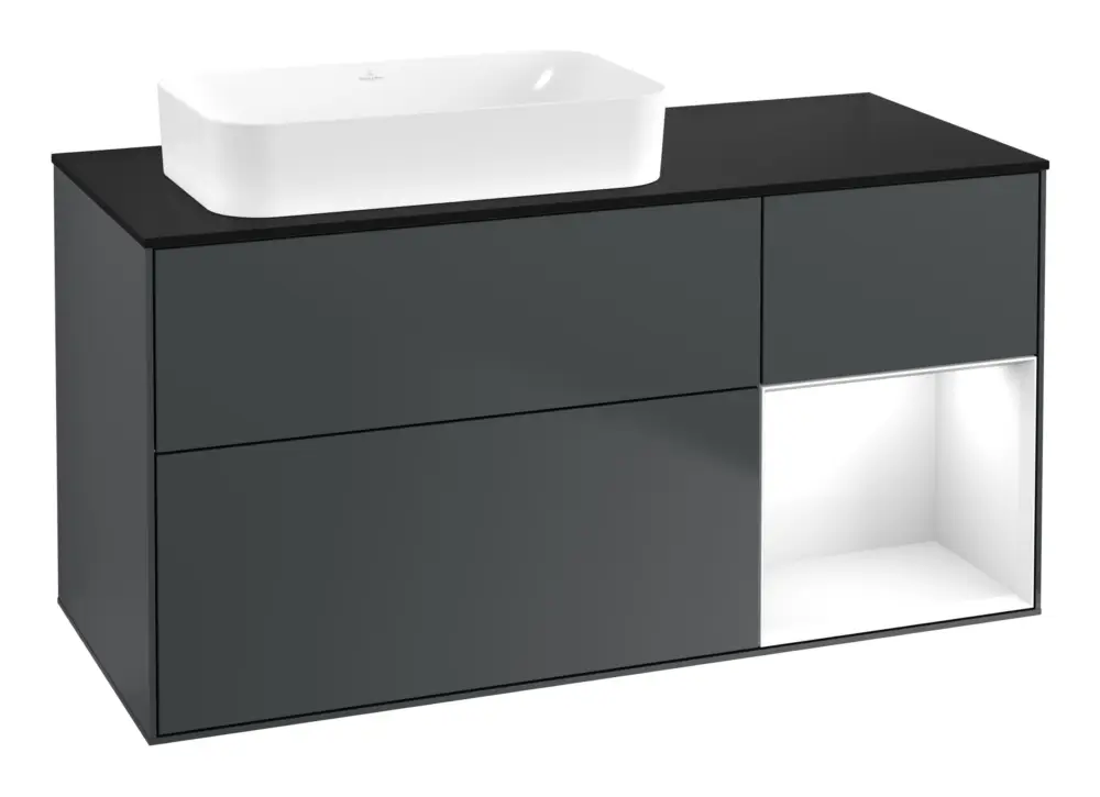 Villeroy & Boch Finion Waschbeckenunterschrank für Becken links Regal rechts für Finion 3 Auszüge mit Beleuchtung (1x LED) ohne Hahnloch 1200 x 603 x 501 mm - Midnight Blue Matt Lacquer / Glossy White Lacquer / Glass Black Matt Beliebt