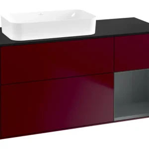 Angebot Villeroy & Boch Finion Waschbeckenunterschrank für Becken links Regal rechts für Finion 3 Auszüge mit Beleuchtung (1x LED) ohne Hahnloch 1200 x 603 x 501 mm - Peony Matt Lacquer / Midnight Blue Matt Lacquer / Glass Black Matt