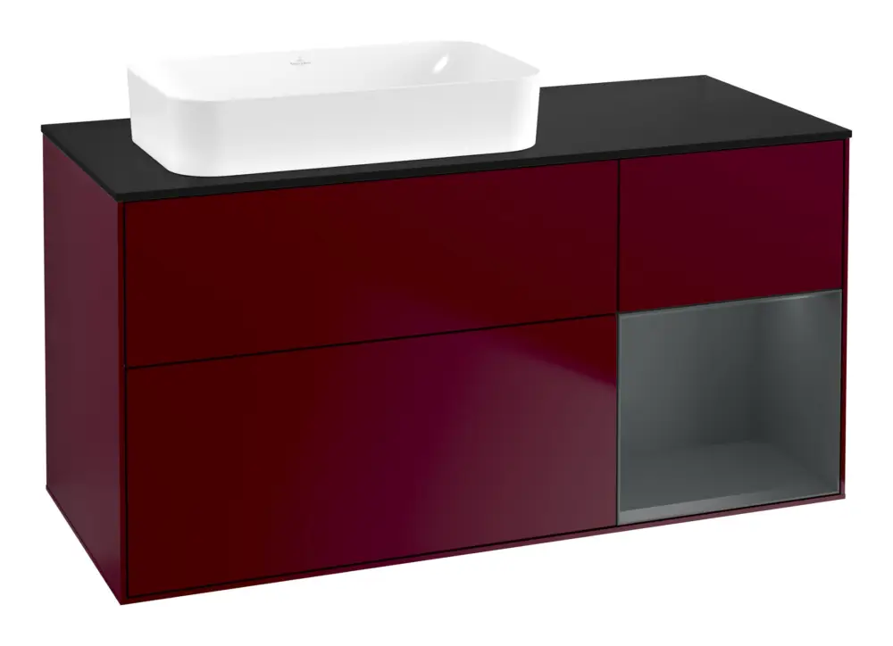 Angebot Villeroy & Boch Finion Waschbeckenunterschrank für Becken links Regal rechts für Finion 3 Auszüge mit Beleuchtung (1x LED) ohne Hahnloch 1200 x 603 x 501 mm - Peony Matt Lacquer / Midnight Blue Matt Lacquer / Glass Black Matt