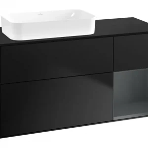 Abverkauf Villeroy & Boch Finion Waschbeckenunterschrank für Becken links Regal rechts für Finion 3 Auszüge mit Beleuchtung (1x LED) ohne Hahnloch 1200 x 603 x 501 mm - Black Matt Lacquer / Midnight Blue Matt Lacquer / Glass Black Matt