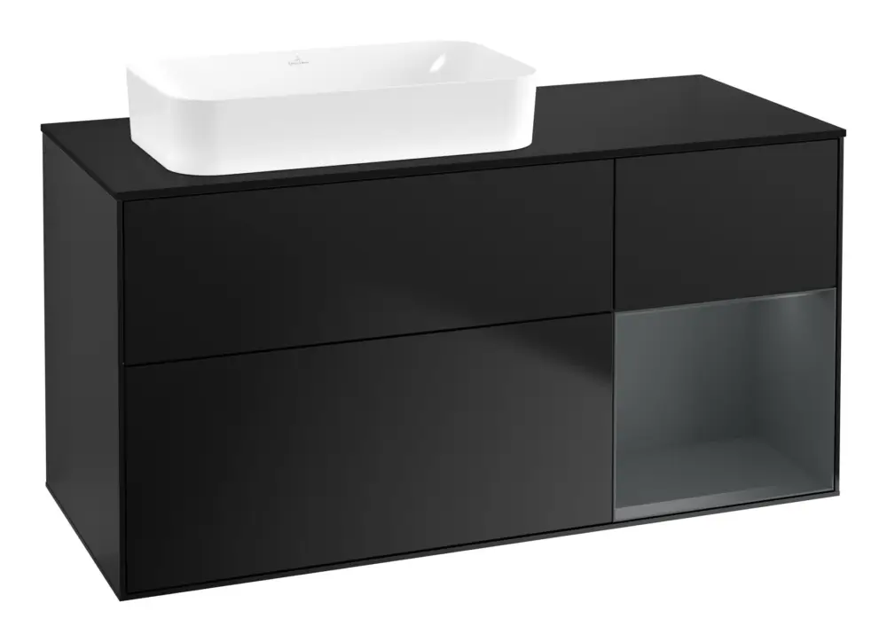 Abverkauf Villeroy & Boch Finion Waschbeckenunterschrank für Becken links Regal rechts für Finion 3 Auszüge mit Beleuchtung (1x LED) ohne Hahnloch 1200 x 603 x 501 mm - Black Matt Lacquer / Midnight Blue Matt Lacquer / Glass Black Matt