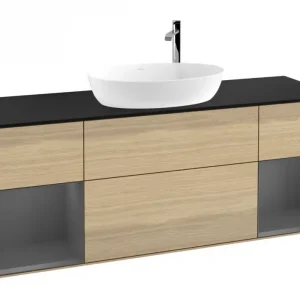 Aktuell Villeroy & Boch Finion Waschbeckenunterschrank für Becken mittig Regal links/rechts für Artis / Collaro rund 4 Auszüge mit Beleuchtung (2x LED) 1600 x 603 x 501 mm - Oak Veneer / Anthracite Matt Lacquer / Glass Black Matt