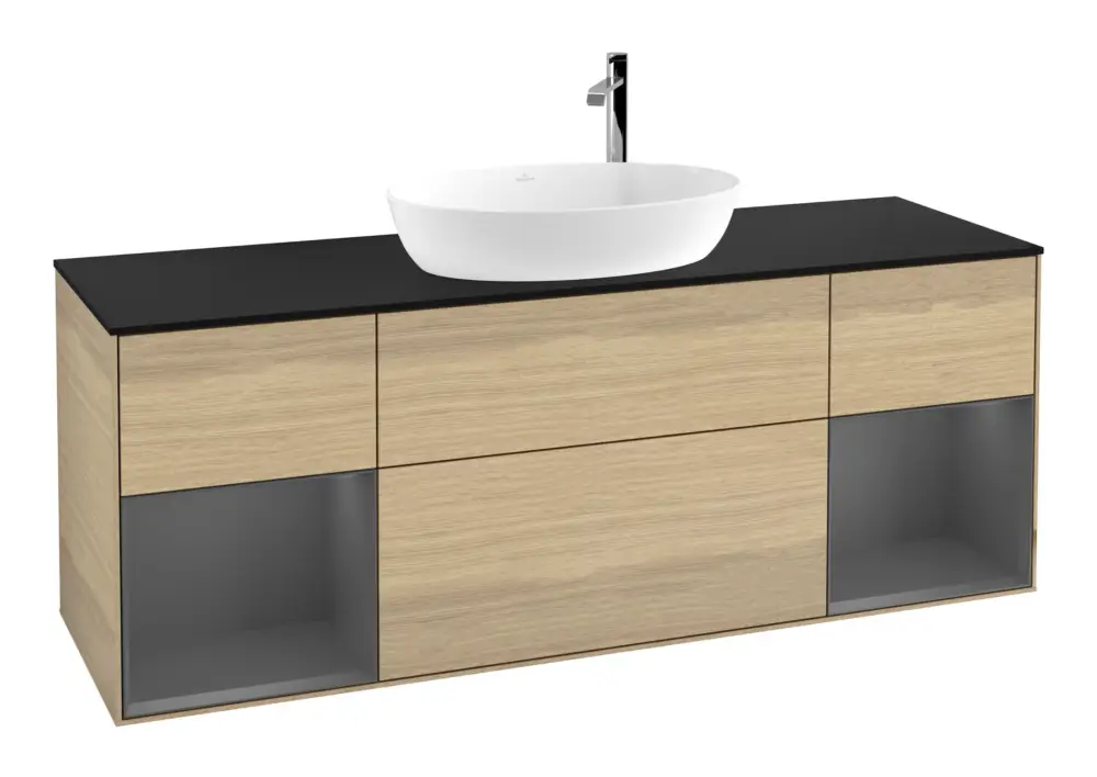 Aktuell Villeroy & Boch Finion Waschbeckenunterschrank für Becken mittig Regal links/rechts für Artis / Collaro rund 4 Auszüge mit Beleuchtung (2x LED) 1600 x 603 x 501 mm - Oak Veneer / Anthracite Matt Lacquer / Glass Black Matt