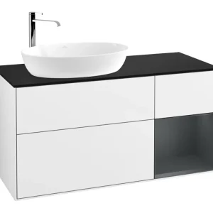 Angebot Villeroy & Boch Finion Waschbeckenunterschrank für Becken links Regal rechts für Artis / Collaro rund 3 Auszüge mit Beleuchtung (1x LED) 1200 x 603 x 501 mm - Glossy White Lacquer / Midnight Blue Matt Lacquer / Glass Black Matt