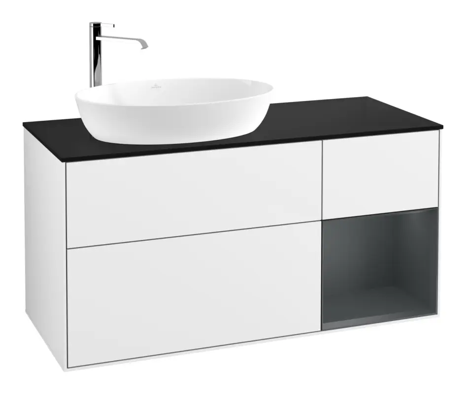 Angebot Villeroy & Boch Finion Waschbeckenunterschrank für Becken links Regal rechts für Artis / Collaro rund 3 Auszüge mit Beleuchtung (1x LED) 1200 x 603 x 501 mm - Glossy White Lacquer / Midnight Blue Matt Lacquer / Glass Black Matt