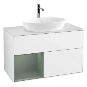 Aktuell Villeroy & Boch Finion Waschbeckenunterschrank für Becken mittig Regal links für Artis / Collaro 2 Auszüge mit Beleuchtung (1x LED) ohne Hahnloch 1000 x 603 x 501 mm - Glossy White Lacquer / Olive Matt Lacquer / Glass White Matt