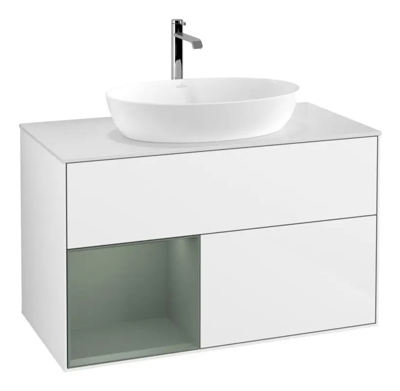 Aktuell Villeroy & Boch Finion Waschbeckenunterschrank für Becken mittig Regal links für Artis / Collaro 2 Auszüge mit Beleuchtung (1x LED) ohne Hahnloch 1000 x 603 x 501 mm - Glossy White Lacquer / Olive Matt Lacquer / Glass White Matt