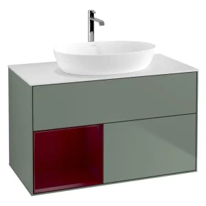 Angebot Villeroy & Boch Finion Waschbeckenunterschrank für Becken mittig Regal links für Artis / Collaro 2 Auszüge mit Beleuchtung (1x LED) ohne Hahnloch 1000 x 603 x 501 mm - Olive Matt Lacquer / Peony Matt Lacquer / Glass White Matt