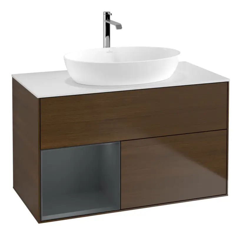 Abverkauf Villeroy & Boch Finion Waschbeckenunterschrank für Becken mittig Regal links für Artis / Collaro 2 Auszüge mit Beleuchtung (1x LED) ohne Hahnloch 1000 x 603 x 501 mm - Walnut Veneer / Midnight Blue Matt Lacquer / Glass White Matt