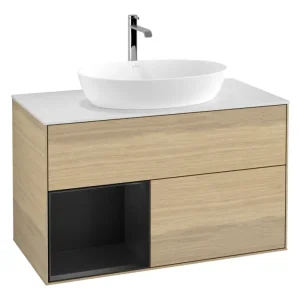 Angebot Villeroy & Boch Finion Waschbeckenunterschrank für Becken mittig Regal links für Artis / Collaro 2 Auszüge mit Beleuchtung (1x LED) ohne Hahnloch 1000 x 603 x 501 mm - Oak Veneer / Black Matt Lacquer / Glass White Matt