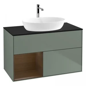 Aktuell Villeroy & Boch Finion Waschbeckenunterschrank für Becken mittig Regal links für Artis / Collaro 2 Auszüge mit Beleuchtung (1x LED) ohne Hahnloch 1000 x 603 x 501 mm - Olive Matt Lacquer / Walnut Veneer / Glass Black Matt