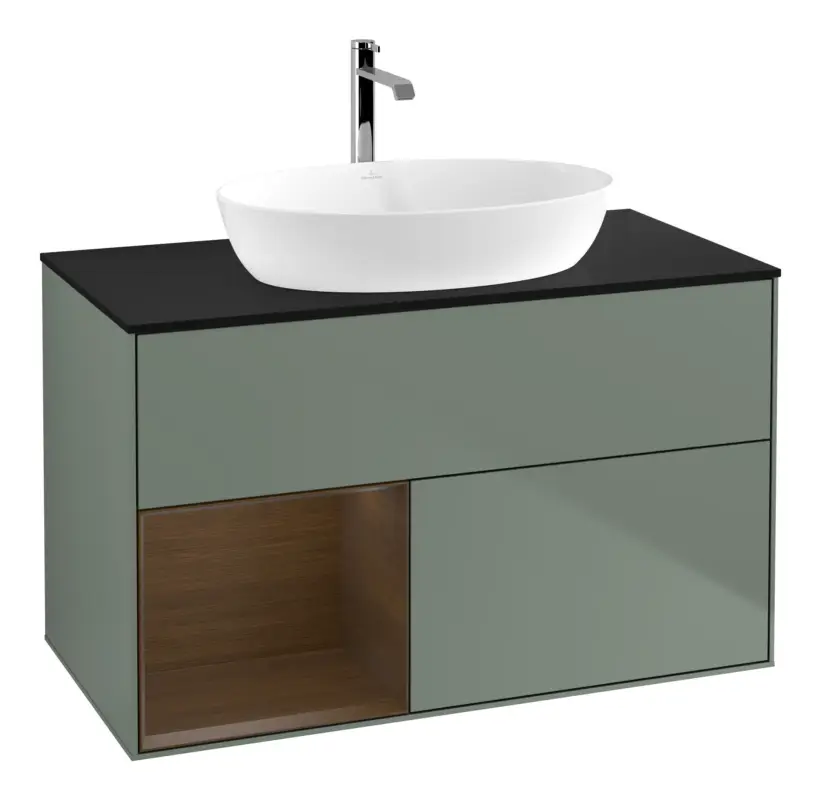 Aktuell Villeroy & Boch Finion Waschbeckenunterschrank für Becken mittig Regal links für Artis / Collaro 2 Auszüge mit Beleuchtung (1x LED) ohne Hahnloch 1000 x 603 x 501 mm - Olive Matt Lacquer / Walnut Veneer / Glass Black Matt