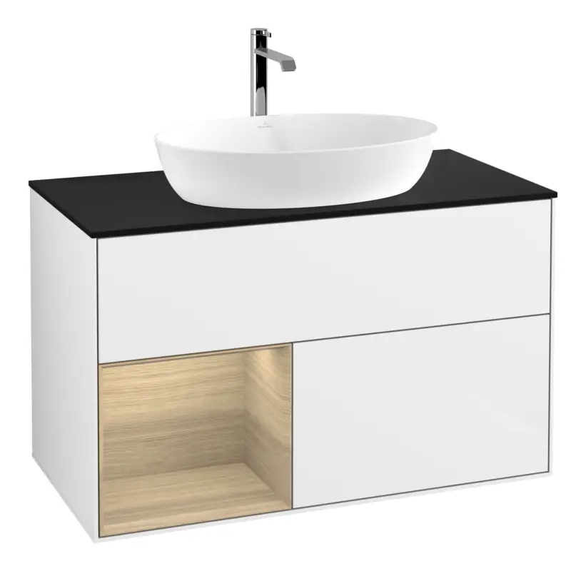 Jetzt Bestellen Villeroy & Boch Finion Waschbeckenunterschrank für Becken mittig Regal links für Artis / Collaro 2 Auszüge mit Beleuchtung (1x LED) ohne Hahnloch 1000 x 603 x 501 mm - Glossy White Lacquer / Oak Veneer / Glass Black Matt