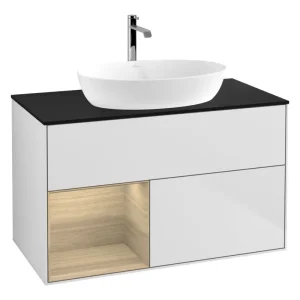 Ausverkauf Villeroy & Boch Finion Waschbeckenunterschrank für Becken mittig Regal links für Artis / Collaro 2 Auszüge mit Beleuchtung (1x LED) ohne Hahnloch 1000 x 603 x 501 mm - White Matt Lacquer / Oak Veneer / Glass Black Matt