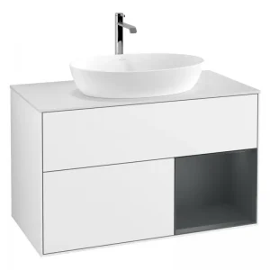 Abverkauf Villeroy & Boch Finion Waschbeckenunterschrank für Becken mittig Regal rechts für Artis / Collaro rund 2 Auszüge mit Beleuchtung (1x LED) 1000 x 603 x 501 mm - Glossy White Lacquer / Midnight Blue Matt Lacquer / Glass White Matt