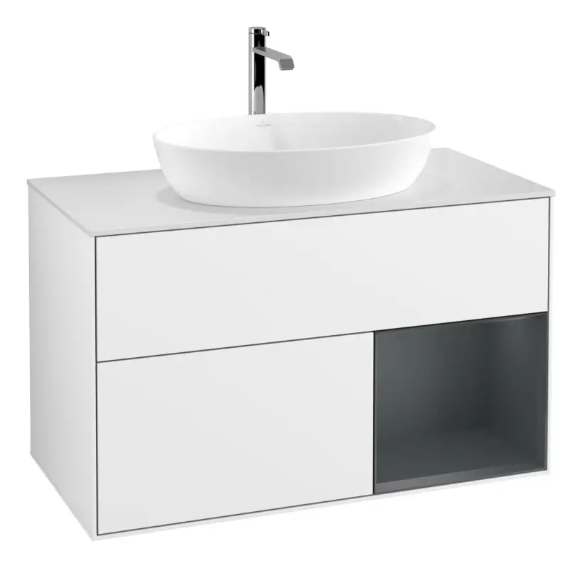 Abverkauf Villeroy & Boch Finion Waschbeckenunterschrank für Becken mittig Regal rechts für Artis / Collaro rund 2 Auszüge mit Beleuchtung (1x LED) 1000 x 603 x 501 mm - Glossy White Lacquer / Midnight Blue Matt Lacquer / Glass White Matt