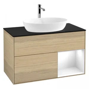 Aktuell Villeroy & Boch Finion Waschbeckenunterschrank für Becken mittig Regal rechts für Artis / Collaro rund 2 Auszüge mit Beleuchtung (1x LED) 1000 x 603 x 501 mm - Oak Veneer / Glossy White Lacquer / Glass Black Matt