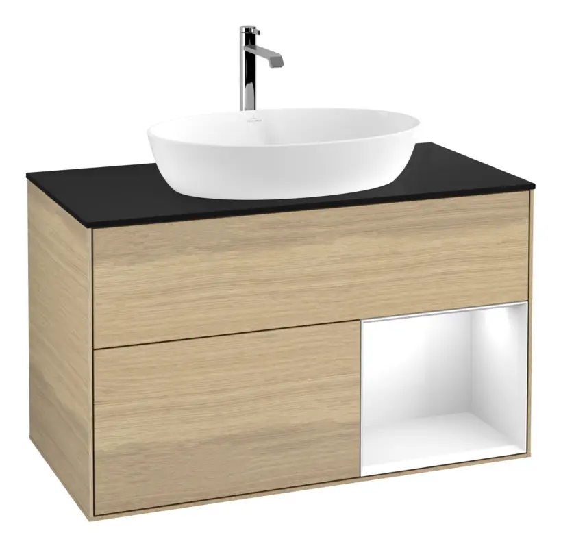 Aktuell Villeroy & Boch Finion Waschbeckenunterschrank für Becken mittig Regal rechts für Artis / Collaro rund 2 Auszüge mit Beleuchtung (1x LED) 1000 x 603 x 501 mm - Oak Veneer / Glossy White Lacquer / Glass Black Matt