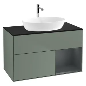 Ausverkauf Villeroy & Boch Finion Waschbeckenunterschrank für Becken mittig Regal rechts für Artis / Collaro rund 2 Auszüge mit Beleuchtung (1x LED) 1000 x 603 x 501 mm - Olive Matt Lacquer / Midnight Blue Matt Lacquer / Glass Black Matt