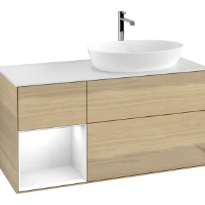 Neu Im Sortiment Villeroy & Boch Finion Waschbeckenunterschrank für Becken rechts Regal links für Artis / Collaro 3 Auszüge mit Beleuchtung (1x LED) ohne Hahnloch 1200 x 603 x 501 mm - Oak Veneer / Glossy White Lacquer / Glass White Matt