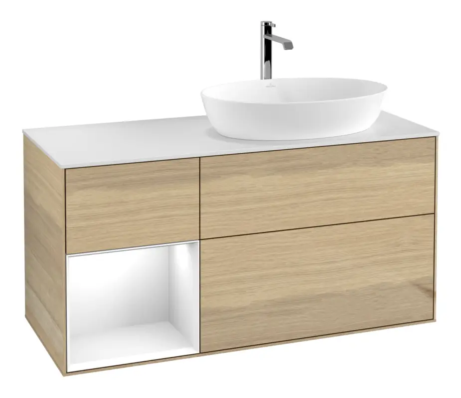 Neu Im Sortiment Villeroy & Boch Finion Waschbeckenunterschrank für Becken rechts Regal links für Artis / Collaro 3 Auszüge mit Beleuchtung (1x LED) ohne Hahnloch 1200 x 603 x 501 mm - Oak Veneer / Glossy White Lacquer / Glass White Matt